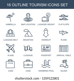 16 tourism icons. Trendy tourism icons white background. Included outline icons such as umbrella, map location, lugagge weight, flip flops, luggage belt. tourism icon for web and mobile.