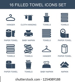 16 towel icons. Trendy towel icons white background. Included filled icons such as hanger, cloth hanging, towels, paper towel, baby napkin, napkin. towel icon for web and mobile.