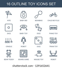 16 toy icons. Trendy toy icons white background. Included outline icons such as kite, baby bid, beanbag, child bicycle, Dice, baby toy, dice, piano toy. icon for web and mobile.