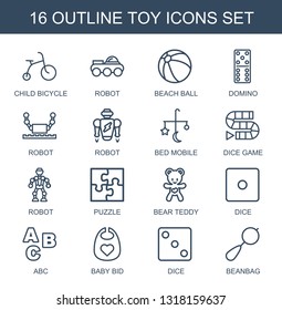 16 toy icons. Trendy toy icons white background. Included outline icons such as child bicycle, robot, beach ball, domino, bed mobile, dice game, puzzle. toy icon for web and mobile.