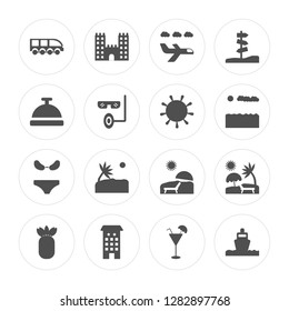 16 Train, Sand castle, Hotel, Pineapple, Sun bath, Ship, Hotel bell, Bikini, modern icons on round shapes, vector illustration, eps10, trendy icon set.