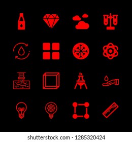 16 transparent icons with water bottle and atom in this set