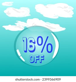 16% burbuja de jabón transparente en cielo azul para descuento y promoción, colores azul y blanco