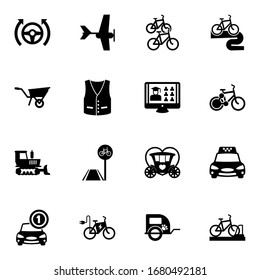 16 transport filled icons set isolated on white background. Icons set with Autopilot, Aeromodeling, bike station, Wheelbarrow, vest, Free Shipping, bulldozer, bicycle lane icons.