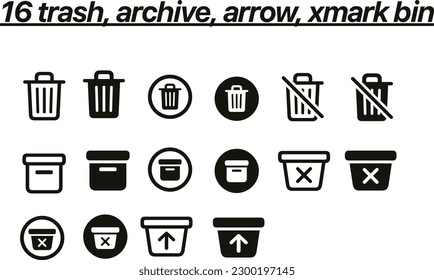 16 Trash, Archive, Arrow, Xmark Bin Icon Set 