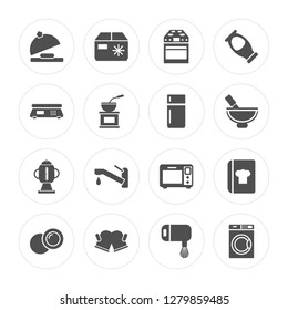 16 Tray, Freezer, Mitten, Dish, Recipe, Washing machine, Scale, Kettle, Fridge modern icons on round shapes, vector illustration, eps10, trendy icon set.