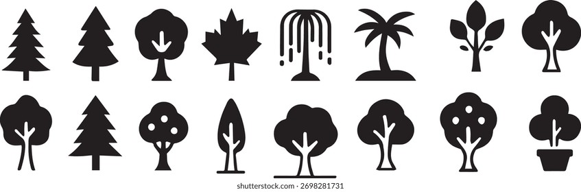 16 Conjunto de vetores de ícones de árvore. Inclui palmeira do pinheiro e estilos caducifólios. Elemento gráfico essencial para projetos de IU UX Mapas e Imobiliário. Escalável e limpo.