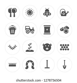 16 Tree, Sun, Horseshoe, Grass, Honeycomb, Shovel, Cow, Wheat, Seed modern icons on round shapes, vector illustration, eps10, trendy icon set.
