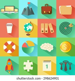 16 trendy business and office icons. Set of colorful vector illustrations on square backgrounds in flat design