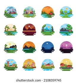16 Ilustraciones paisajísticas planas de escenas naturales de moda 


