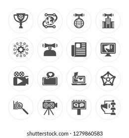 16 Trophy, Social media, Video camera, Analytics, Announcement, Strategy, Newspaper modern icons on round shapes, vector illustration, eps10, trendy icon set.