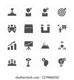 16 Trophy, Target, Ipo, Podium, Networking, Light bulb, Hierarchical structure, Growth, Magnet modern icons on round shapes, vector illustration, eps10, trendy icon set.