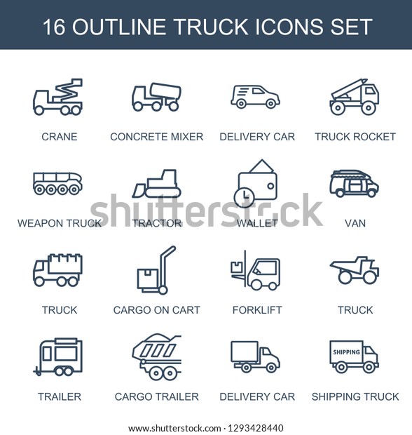 16 truck icons.\
Trendy truck icons white background. Included outline icons such as\
crane, concrete mixer, delivery car, truck rocket, weapon truck.\
icon for web and mobile.