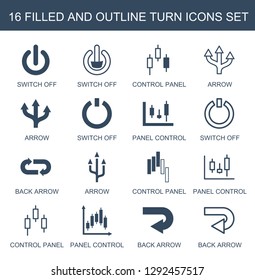 16 turn icons. Trendy turn icons white background. Included filled and outline icons such as switch off, control panel, arrow, panel control, back arrow. turn icon for web and mobile.