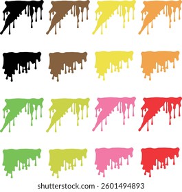 16 types of liquids dripping.  There are two types of dripping, and the colors are black, brown, yellow, orange, green, yellow-green, pink, and red.