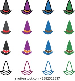 16 types of pointy hats in black, purple, blue, and green