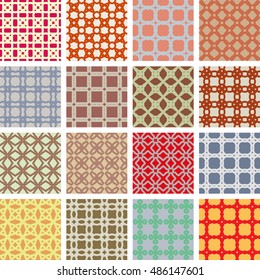 16 Universal different vector seamless patterns. Endless texture for wallpaper, pattern fills, web page background, surface textures. Set of colorful geometric ornaments.