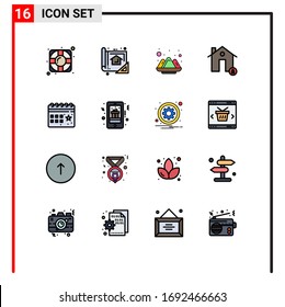 16 Universal Flat Color Filled Lines Set for Web and Mobile Applications calendar; lock; color; house; buildings Editable Creative Vector Design Elements
