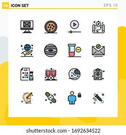 16 Universal Flat Color Filled Lines Set for Web and Mobile Applications international; globe; player; global; camping Editable Creative Vector Design Elements