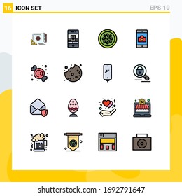 16 carteles de línea llenos de color plano universal Símbolos de aplicación móvil; solicitud; vídeo; pizza; elementos de diseño de vectores creativos editables para alimentos