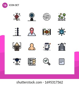 16 líneas de color plano universal con relleno definidas para aplicaciones Web y móviles automáticamente; supervivencia; círculo; exterior; elementos de diseño de vectores creativos editables de camping