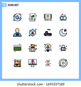 16 universelle, flache Linien für Web- und Mobile-Anwendungen; Liebe; Zinssatz; Hochzeit; Bearbeitbare Design-Elemente für kreative Vektorillustrationen
