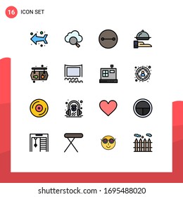 16 Universal Flat Color Filled Lines Set for Web and Mobile Applications audience; vegetable; symbols; supermarket; serving Editable Creative Vector Design Elements