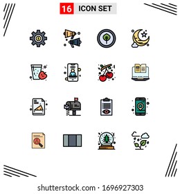 16 Universal Flat Color Filled Lines Set for Web and Mobile Applications apple; fruit; bio; drink; new moon Editable Creative Vector Design Elements