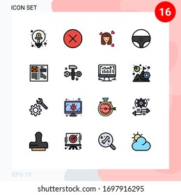 16 líneas planas de color plano universal definidas para el navegador de aplicaciones Web y móviles; rueda; niña; dirección; elementos de diseño de vectores creativos editables para mujeres