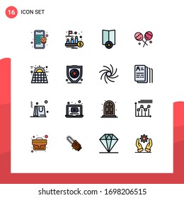 16 Universal Flat Color Filled Lines Set for Web and Mobile Applications solar; battery; trade; heart lollipop; candy Editable Creative Vector Design Elements
