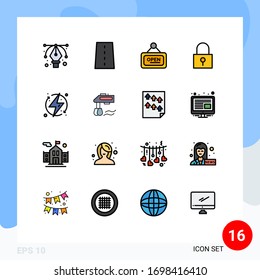 16 Universal Flat Color Filled Lines Set for Web and Mobile Applications ecologic; secure password; marketing; password lock; lock Editable Creative Vector Design Elements