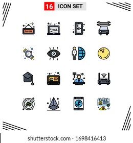 16 Universal Flat Color Filled Lines Set for Web and Mobile Applications watch; digital; back to school; service; car Editable Creative Vector Design Elements