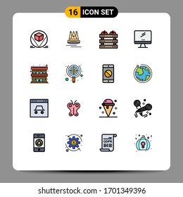 16 Universal Flat Color Filled Lines Set for Web and Mobile Applications pc; device; apple; monitor; holiday Editable Creative Vector Design Elements