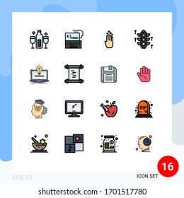 16 Universal Flat Color Filled Line Signs Symbols of laptop; light; money; rood; gesture Editable Creative Vector Design Elements