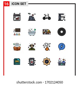 16 carteles de línea plana universal de color llenado Símbolos de trabajo en equipo; fregadero; tierra; faucet; elementos de diseño de vectores creativos editables para viajes