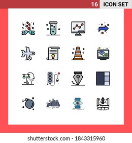 16 Universal Flat Color Filled Lines Set for Web and Mobile Applications flight; right; laboratory; forward; screen Editable Creative Vector Design Elements