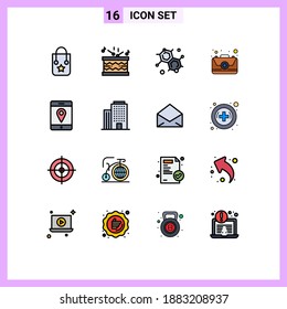 16 Universal Flat Color Filled Line Signs Symbols of mobile; location; chemist; kit; emergency Editable Creative Vector Design Elements