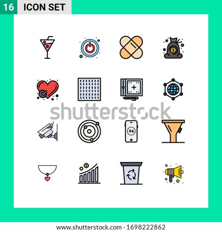 16 Universal Flat Color Filled Lines Set for Web and Mobile Applications like; done; plaster; checked; finance Editable Creative Vector Design Elements