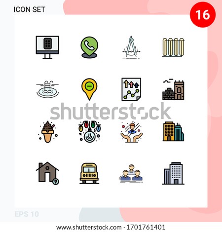 16 Universal Flat Color Filled Line Signs Symbols of swimming; radiator; accure; hot; battery Editable Creative Vector Design Elements