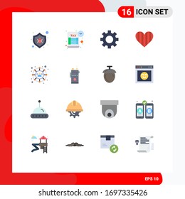16 Universal Flat Color Signs Symbols of social; gift; gear; favorite; love Editable Pack of Creative Vector Design Elements
