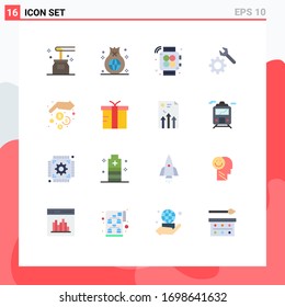 16 Universal Flat Color Signs Symbols of hands; gear; global; wrench; gym Editable Pack of Creative Vector Design Elements