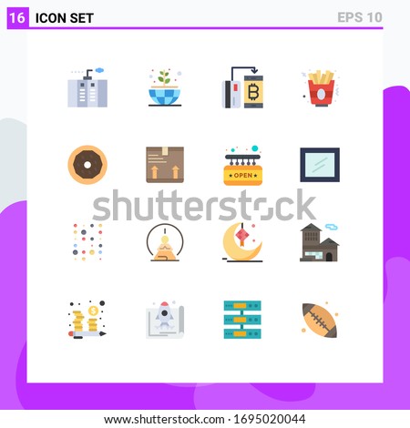16 Universal Flat Color Signs Symbols of donut; french fries; cashless; food; payment Editable Pack of Creative Vector Design Elements