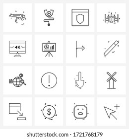 16 universelle Symbole Pixel perfekte Symbole der elektronischen Medien; Lebensmittel; zuzüglich Möbel; Schild-Vektorgrafik