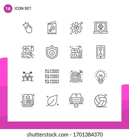 16 Universal Outline Signs Symbols of card; launch; invite; laptop; development Editable Vector Design Elements