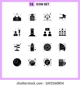 16 Universal Solid Glyph Signs Symbols of airport; airplane; sweets; fly; ribbon Editable Vector Design Elements