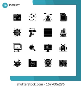 16 símbolos universales de glifos sólidos Símbolos de educación; papel; boda; nópedo; elementos de diseño de vectores editables de jotter