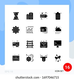 16 Universal Solid Glyph Signs Symbols of gears; trash; charging; garbage; been Editable Vector Design Elements