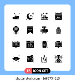 16 Universal Solid Glyph Signs Symbols of light; idea; theology; web; browser Editable Vector Design Elements