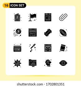 16 Universal Solid Glyph Signs Symbols of coin; dollar; bath; cash; clip Editable Vector Design Elements