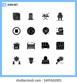 16 Universal Solid Glyphs Set for Web and Mobile Applications media; space; tower; robot; ironing tools Editable Vector Design Elements